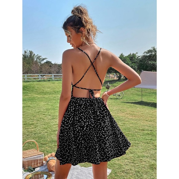 Boho Backless Heart Print Crisscross Tie Back Cami Dress red - Picture 8 of 9